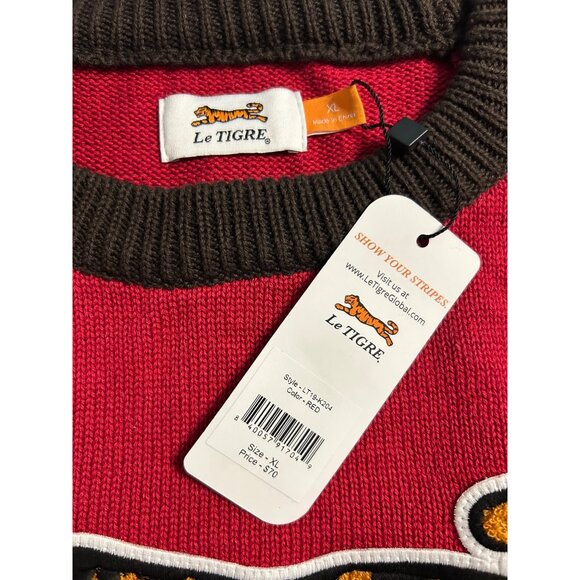 Le Tigre Red Tan Sweater Tiger Patch Mens Size Large or XL Pullover Crewneck New - Picture 6 of 8